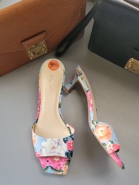 Nine West Light Blue Floral Slide Heeled Mules 9.5 Nwot